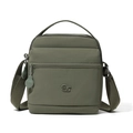 Detailed view of olive green nylon shoulder bag with circular ms logo and zipper pocket - Green