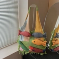 Green knit tote bag with vibrant 3D fish pendants and fringe detailing - Green
