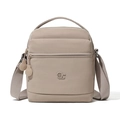 Detail view of khaki nylon crossbody bag showing the logo, zipper, and adjustable strap - Gray