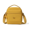 Detail view of mustard yellow nylon crossbody bag featuring embossed logo and zipper pocket - Yellow