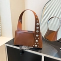 Retro coffee brown rivet underarm bag with silver studs and wide shoulder strap - Brown
