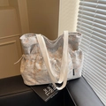 Sac cabas en dentelle blanche avec motif floral orange et poche latérale à cordon - Fleurs En Dentelle / Gris