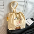 Borsa tote in tela gialla con ricamo a coniglio e chiusura a coulisse per donna - Beige