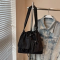 Versatile black drawstring crossbody bag with adjustable strap and functional pockets - Black without Pendant