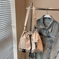Minimalist beige drawstring crossbody bucket bag with textured nylon finish - Off-white Without Pendant