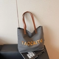 Dark grey canvas tote bag with yellow embroidery and brown leather handles - Dark Brown