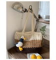 Detail of hand-woven tote bag with three-color gradient mesh and seagull plush charm - With Pendant / Coffee Patchwork