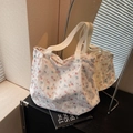 Borsa tote in pizzo beige con stampe floreali colorate e manici in tela - Stile Pizzo Floreale (Bianco Crema) / Bianco Sporco