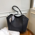 Large black pebble leather tote bag with geometric print silk scarf accessory - Black