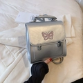 Silver PU leather backpack with butterfly embroidery and metallic dual buckles - Silver Without Pendant