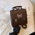 Brown faux leather backpack with embroidered pink butterfly and silver metal buckles - Coffee Without Pendant