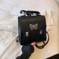 Sac à dos en cuir PU noir avec broderie papillon rose et boucle en métal argenté - Noir sans Pendentif
