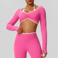 Conjunto de yoga rosa y blanco con top de manga larga y leggings de talle alto - S / Rosa Roja