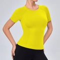 Women's tight yoga short sleeve T-shirt in bright yellow color for fitness and running - Gold Yellow