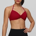 Deep red halter neck sports bra with ruched center detail and smooth stretch fabric - S / Dark Red