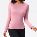 Pink slim fit long sleeve yoga top for women with raglan sleeves and crew neck - Petal Pink