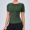 Tight-fit army green women's short sleeve sports t-shirt with raglan sleeves and crew neck - Army Green