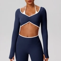 Conjunto de yoga sexy azul oscuro y blanco con agujeros para el pulgar y top con cuello V - S / Azul Marino