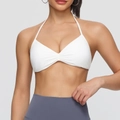 White halter neck sports bra with ruched detail and cross-back straps for fitness - S / Tops / White