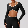 Conjunto de yoga negro de dos piezas para mujer con bordes blancos en contraste - S / Negro