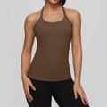 Slim fit coffee brown yoga tank top with built-in padding and racerback design - S / Tops / Brown