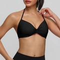 Black halter neck sports bra with gathered center detail and matte stretch fabric - S / Tops / Black