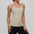 Slim fit light beige yoga tank top with thin halter straps and built-in chest pads - S / Tops / Beige