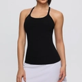 Black racerback yoga tank top with built-in pads for fitness and pilates training - Black