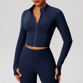 Completo yoga blu scuro con giacca con zip, fori per i pollici e pantaloni a vita alta - S / Blu Notte