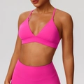 Hot pink yoga set with V-neck cross back sports bra and high-waisted gym leggings - S / Tops / Rose Red