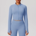 Ensemble de yoga bleu pervenche ajusté avec veste zippée et passe-pouces - S / Hauts / Bleu Brume