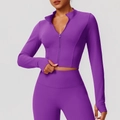 Ensemble de yoga violet cintré avec veste zippée et manches passe-pouce pour le fitness - S / Hauts / Violet Néon
