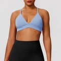 Light blue sports bra with V-neck and black high-waisted yoga leggings for fitness - Mist Blue
