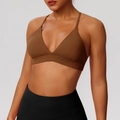 Women's brown strappy sports bra and black high waist yoga pants gym set - Deep Oak Brown