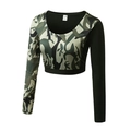 Dames cropped yoga top met lange mouwen in camouflage en zwart contrast, maat M - S / 5015 Legergroen Camouflage Top