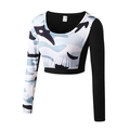 Women's slim fit crop top with blue camouflage and black elastic patchwork sleeves - S / Top And Bottom / White