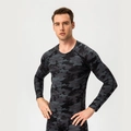 Men's compression suit with grey camouflage long sleeve top and matching tight pants - S / Camo Black