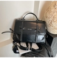 Vintage black faux leather large satchel bag with top handle and wide shoulder strap - Black