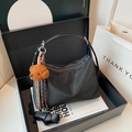 Chic black water-resistant underarm bag for women with cute plush bear keychain - With Charm / Black