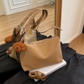 Chic caramel PU leather underarm bag with cute plush bear charm and adjustable strap - With Charm / Khaki