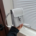 Mini sac à bandoulière argenté brillant pour téléphone avec paillettes léopard et sangle - Argenté