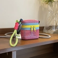 Roze honingraat mesh mini-tasje met blauwe band en gele rits voor dames - Roze Koptelefoontas / Roze en Blauw Geel