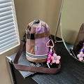 Plaid contrast color drawstring bicycle bucket bag with decorative flower keychain - With Charm / Purple