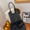 Fashionable black rhinestone tote bag set with matching inner pouch for women - Black