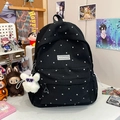Black floral pattern student backpack with a cute white bunny plush accessory - With Charm / Black