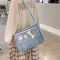 Light blue large capacity Ita bag with transparent window and white lace trim - With Star Badge / Blue
