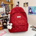 Red floral pattern school backpack for women featuring a cute plush bear pendant - With Charm / Red