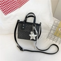 Dark grey polka dot denim bucket bag with star pendant and black shoulder strap - Black With Pendant