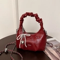 Red pleated leather handbag with pearl bow charm and chain strap in vintage style - Wine Red With Pendant