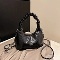 Glossy black pleated hobo bag with a fashion logo and silver chain crossbody strap - Black without Pendant